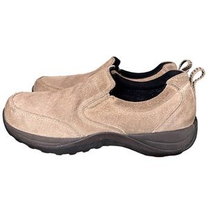 LL BEAN Women’s Comfort Tan Suede Mocs Shoes Slip On Rubber Outsole Clogs